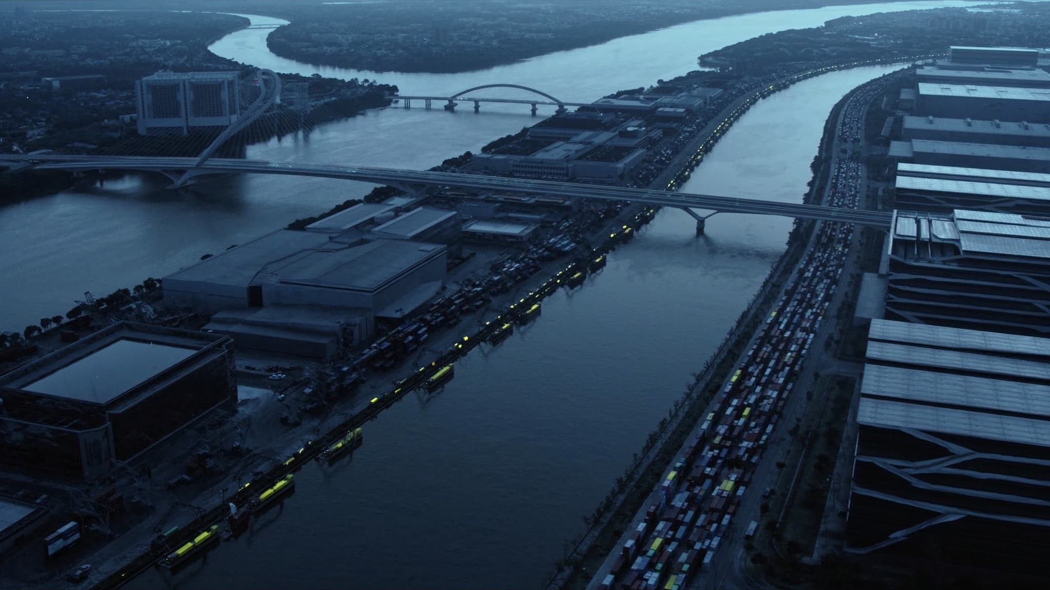 Aerial view of an industrial and logistics corridor along the Pearl River