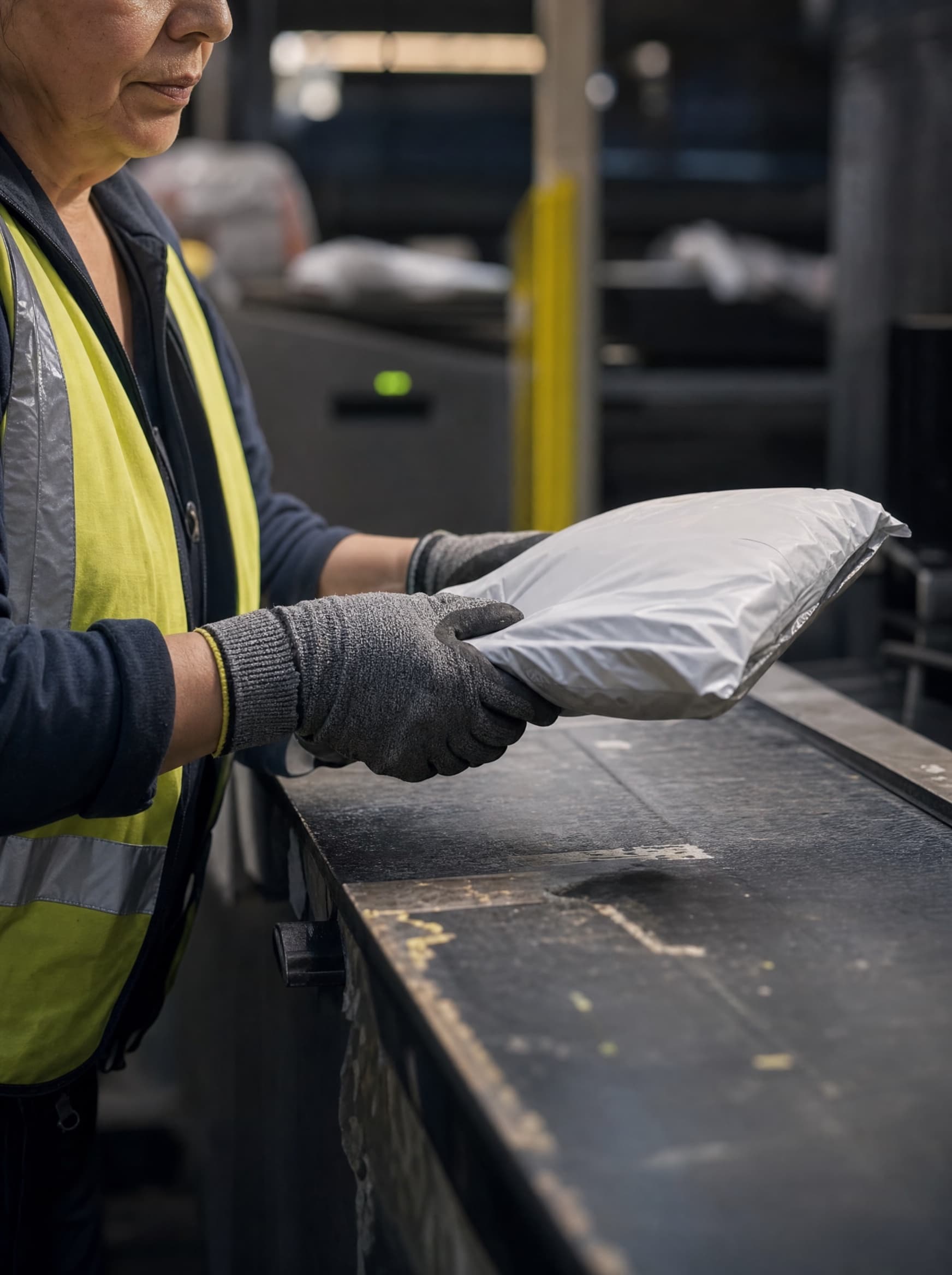 Experienced parcel operator demonstrating careful grip on a soft package